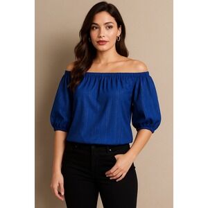 J.Jill Off-Shoulder Cropped Shimmer Peasant Top Blue Metallic Puff Sleeve NWT 44